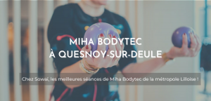Image d'une femme durant une séance de Miha Bodytec, accompagné de la mention suivante : "Miha Bodytec à Quesnoy-sur-Deule : les meilleures séances de Miha Bodytec de la Métropole lilloise !"