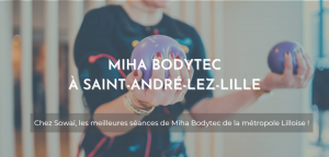 Image d'une femme durant une séance de Miha Bodytec, accompagné de la mention suivante : "Miha Bodytec à Saint-André-Lez-Lille : les meilleures séances de Miha Bodytec de la Métropole lilloise !"